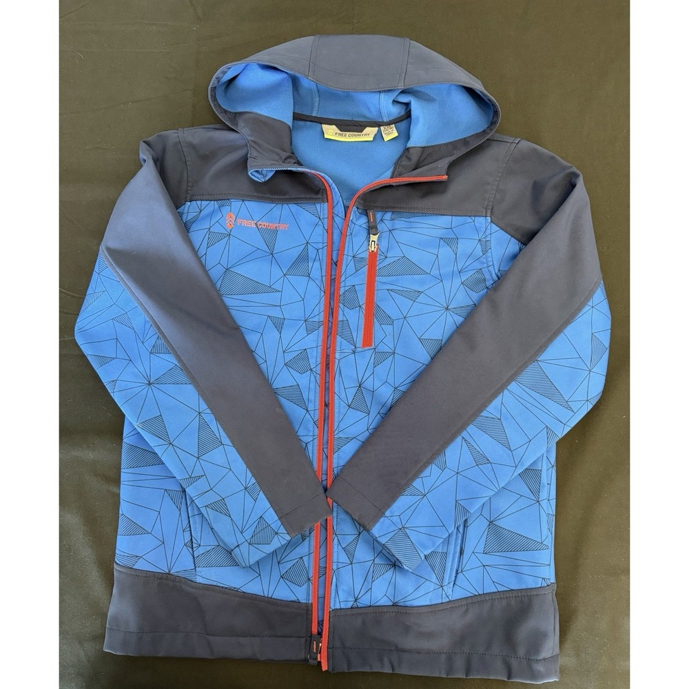Youth Softshell Hood Zipper Jacket Blue Geometric Pattern XXL 14/16 Free Country